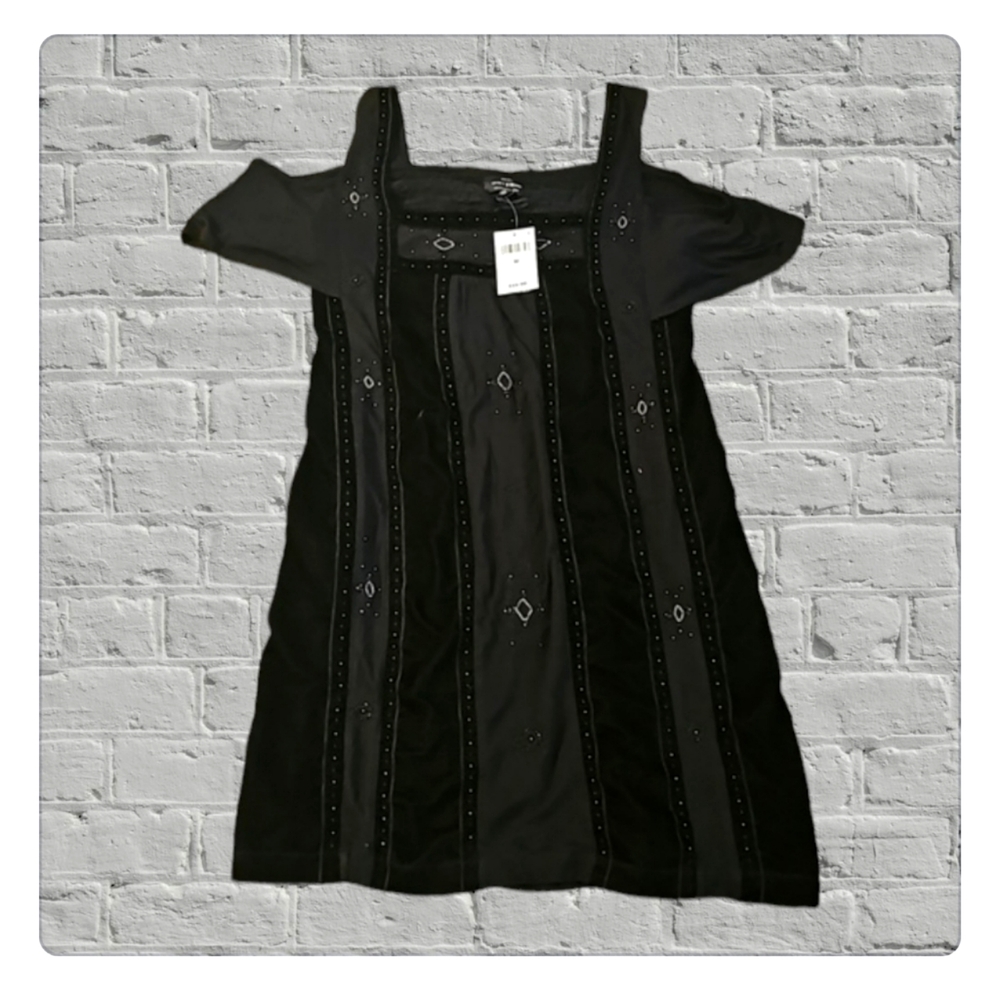 Lucky Brand Cold Shoulder 🖤Black Velvet Trimmed Short Dress  NWT $99 Size M